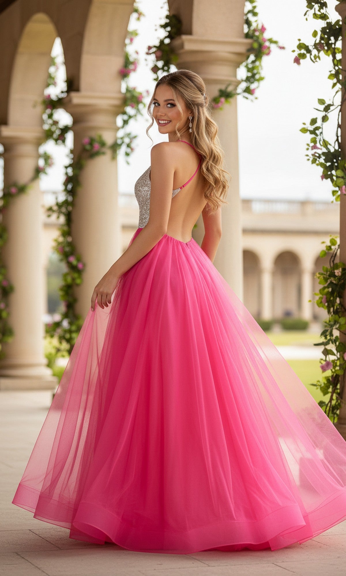 A woman in the La Femme Neon Pink Long Tulle Prom Dress, featuring a beaded corset bodice, stands under a flower-adorned archway and looks back over her shoulder.